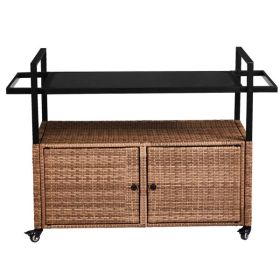 Outdoor Bar Cart Table, Large Wicker Island Rolling Cart