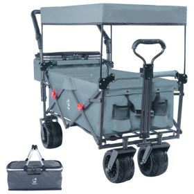 Collapsible Wagon cart with Removable Canopy, Large All Terrain Wheels, Brake, Adjustable Handles,Cooler Bag,Grey