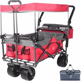 Collapsible Wagon cart with Removable Canopy, Large All Terrain Wheels, Brake, Adjustable Handles,Cooler Bag,Grey Red
