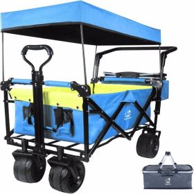Collapsible Wagon cart with Removable Canopy, Large All Terrain Wheels, Brake, Adjustable Handles,Cooler Bag,Green Blue