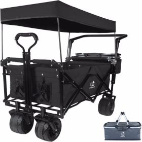 Collapsible Wagon cart with Removable Canopy, Large All Terrain Wheels, Brake, Adjustable Handles,Cooler Bag, Black