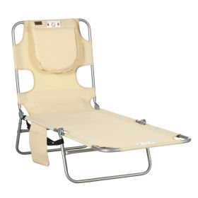 Outsunny Folding Outdoor Chaise Lounge Sun Tanning Chair with Face Cavity, Pillow, 5-level Adjustable for Beach, Pool, Beige