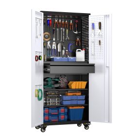 71 Inch High Metal Storage Cabinet On Wheels With 5 Pegboards And 1 Drawer, Lockable Steel Tool Cabinet For Garage, Warehouse, Assembly Required, (Option: Black Grey)