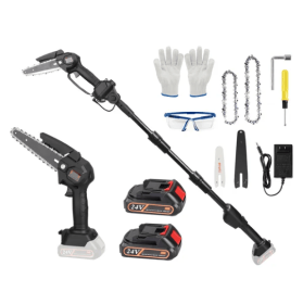 2-in-1 Cordless Pole Saw & Mini Chainsaw Electric Mini Chainsaw Length Adjustable Cordless Chain Saw With 2Pcs 1500mAh Batteries 4in 6in Chains F (Color: Black)