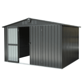 Outdoor Storage Shed 10'x 8, Metal Garden Shed For Bike, Trash Can, Tools, Galvanized Steel Outdoor Storage Cabinet With Lockable Door For Backya (Option: Dark Gray)
