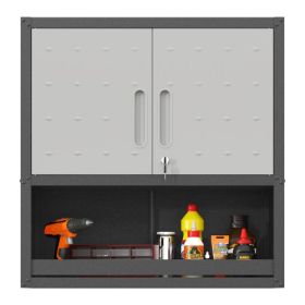 Metal Wall-Mounted Tool Storage Cabinet With Locking Door And 1 Shelf 1 Opened Drawer For Garage Warehouse,Office,Assembly Required (Option: Black Gray)