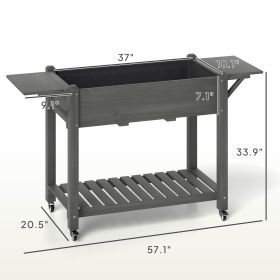 Wood Raised Planter Box, Elevated Garden Bed With Lockable Wheels, Side Tables, Bottom Shelf, Drain Holes, Gray (Option: Gray)