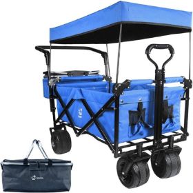 Collapsible Wagon Heavy Duty Folding Wagon Cart with Removable Canopy, 4" Wide Large All Terrain Wheels, Brake, Adjustable Handles (Color: as picture)